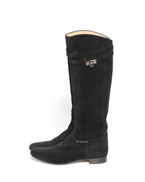 Hermes Black Suede Her Collier De Chien Knee High Flat Boots Size 39-5
