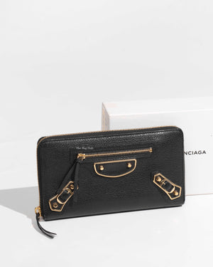 Balenciaga Black Leather Metallic Edge Long Zipped Around Wallet-1