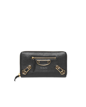 Balenciaga Black Leather Metallic Edge Long Zipped Around Wallet-2