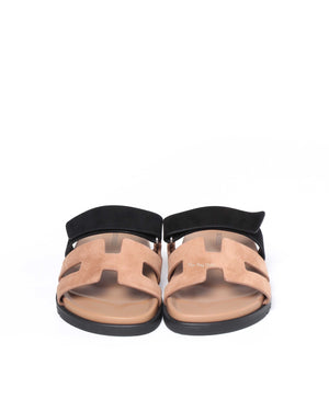 Hermes Rose Perle/Noir Suede Goatskin Chypre Sandals Size 37