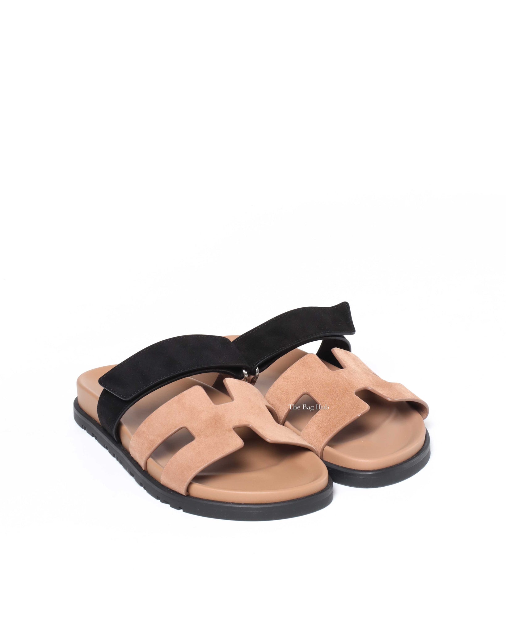 Hermes Rose Perle/Noir Suede Goatskin Chypre Sandals Size 37