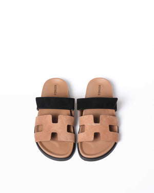 Hermes Rose Perle/Noir Suede Goatskin Chypre Sandals Size 37