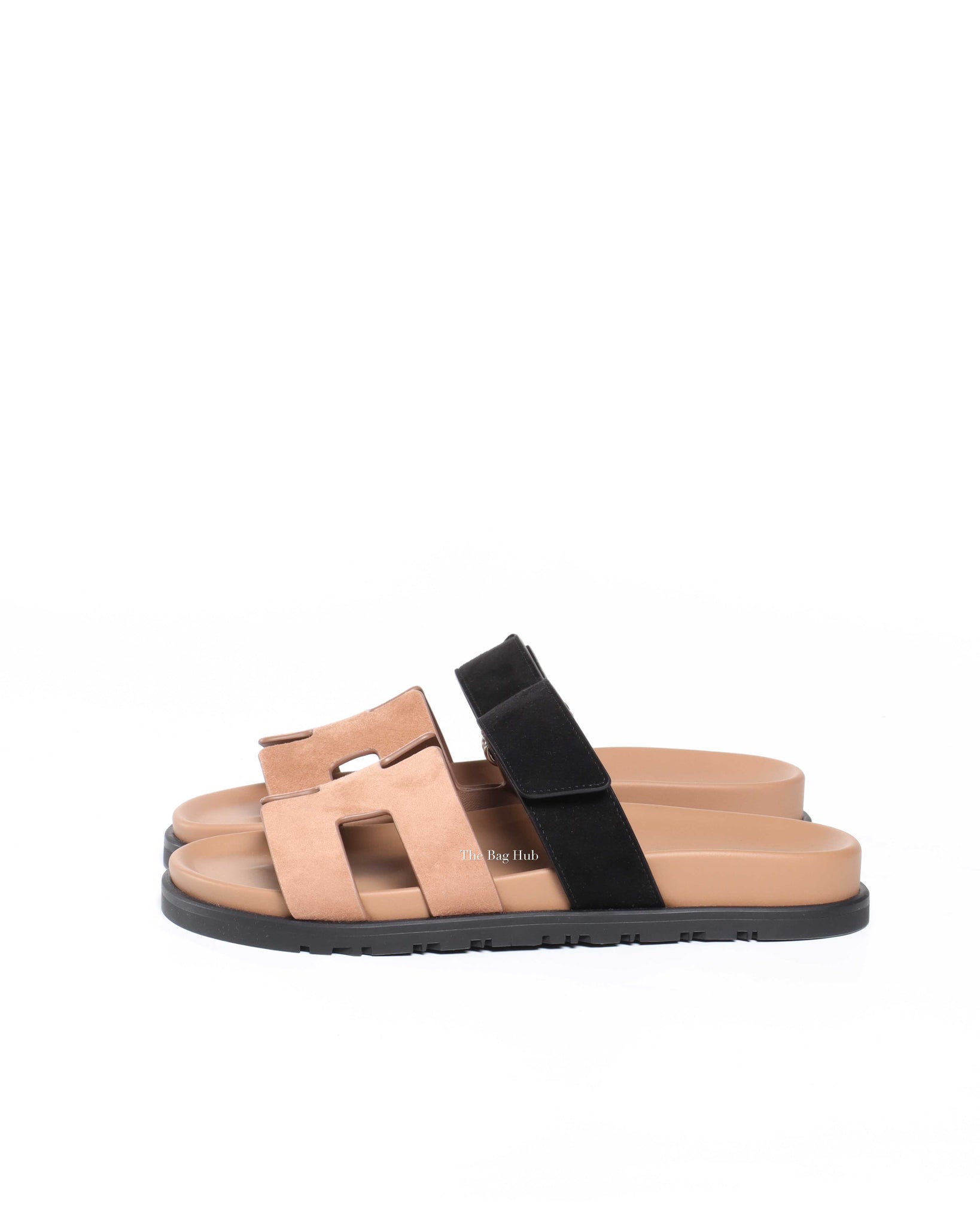 Hermes Rose Perle/Noir Suede Goatskin Chypre Sandals Size 37