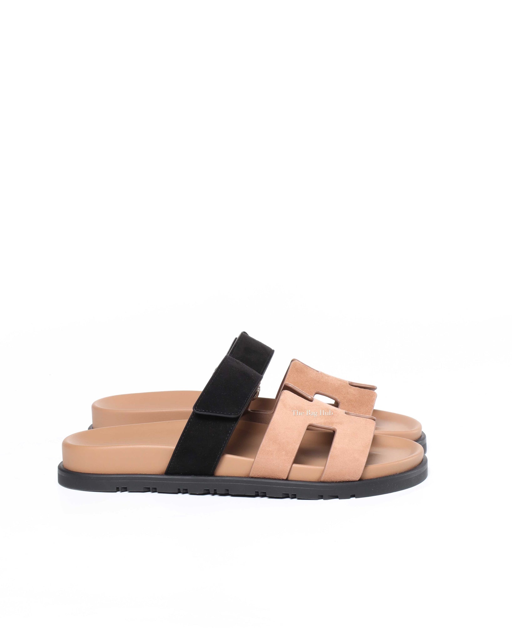 Hermes Rose Perle/Noir Suede Goatskin Chypre Sandals Size 37