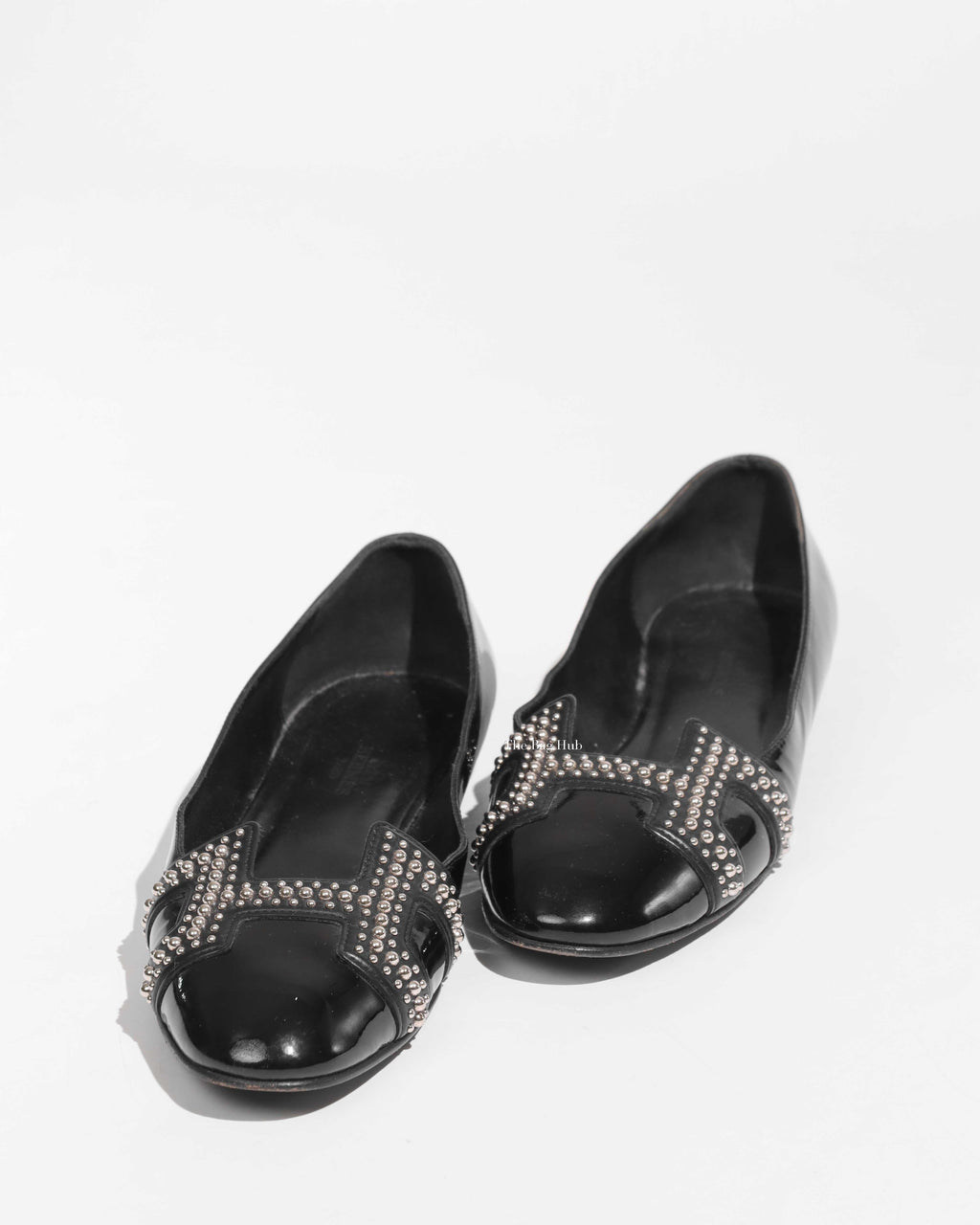 Hermes Black Patent Leather Studded Nice Ballet Flats Size 36.5