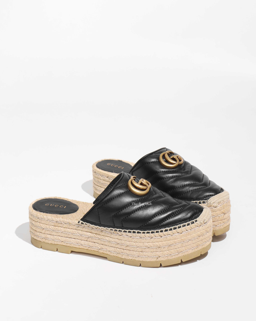 Gucci Black Pilar Leather GG Marmont Platform Espadrilles Mules Size 37