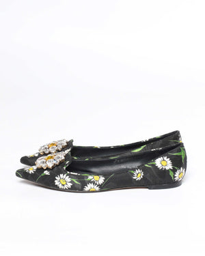 Dolce & Gabbana Multicolor Floral Print Brocade Fabric Crystal Embellished Flats Size 36.5