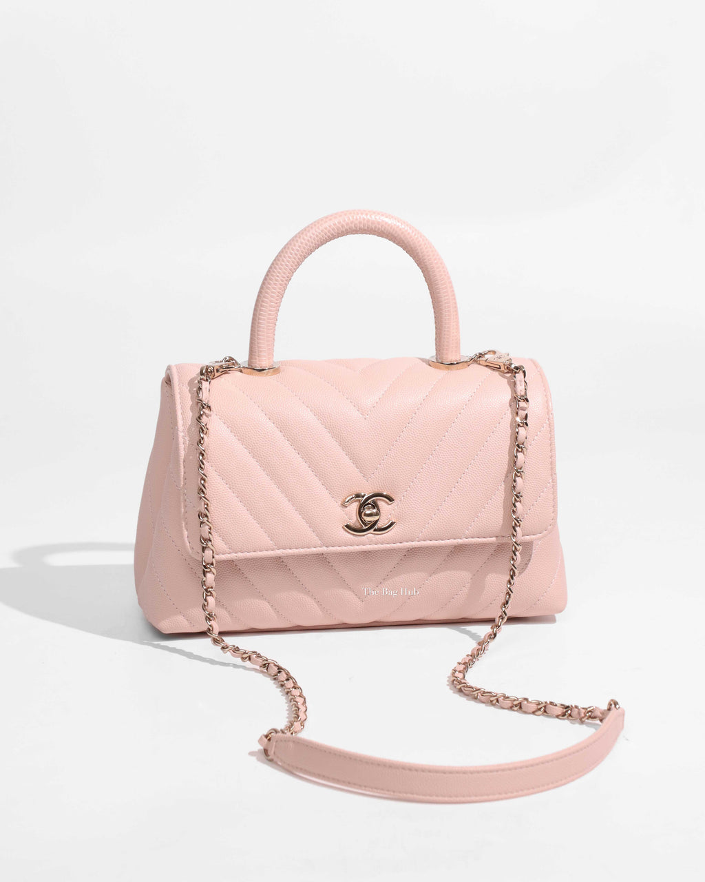 Chanel Pink Caviar Chevron Quilted Small Lizard Coco Handle Flap GHW-1