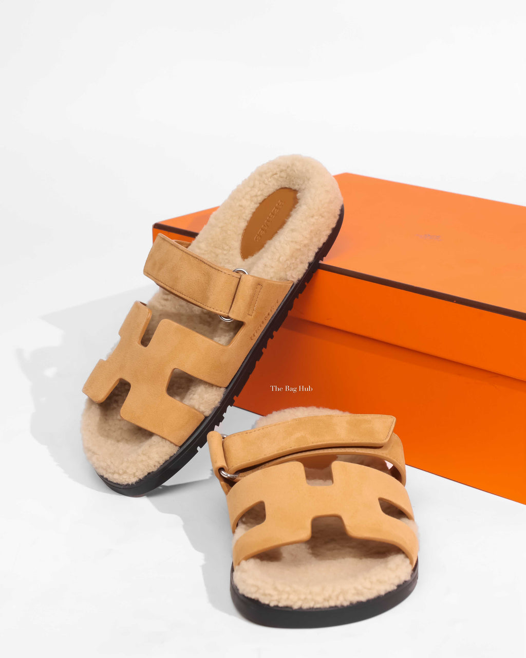 Hermes Light Tan Suede with Shearling Chypre Sandals Size 39