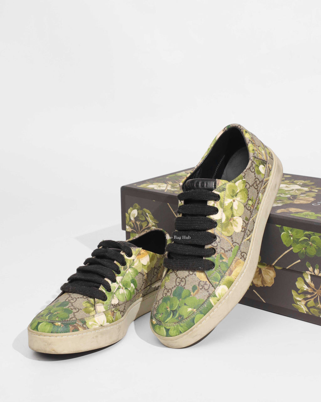 Gucci Green/Beige Leather Canvas GG Supreme Blooms Print Men's Sneakers Size 9.5