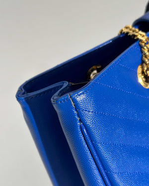 Saint Laurent Blue Quilted Grained Leather Monogram Chain Bo Cassandre Tote Bag