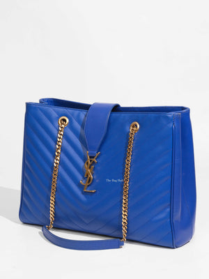 Saint Laurent Blue Quilted Grained Leather Monogram Chain Bo Cassandre Tote Bag