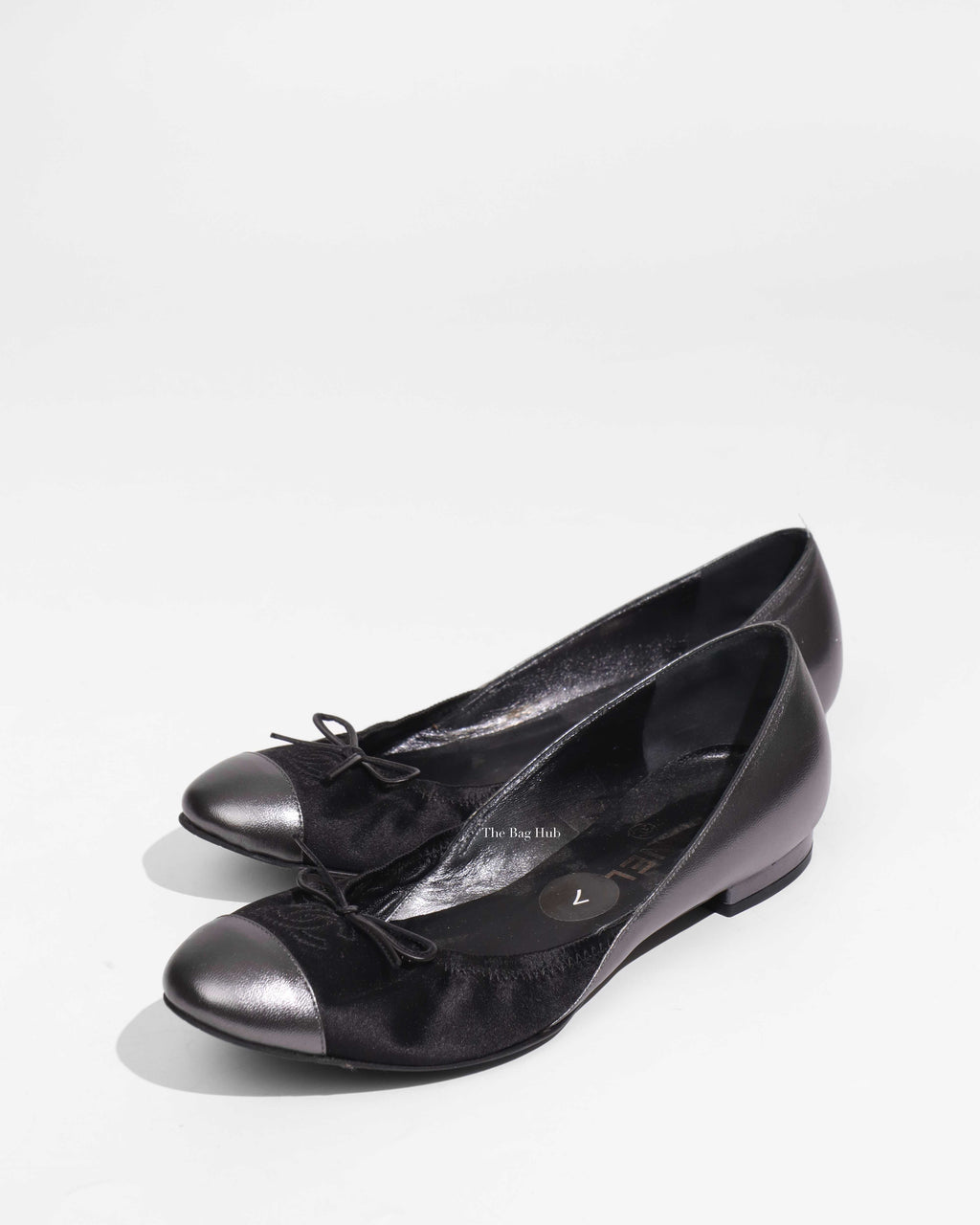 Chanel Black Leather Satin Anthracite CC Bow Flats Stretch Shoes Size 37