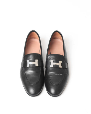 Hermes Black Women's Paris Loafers SHW Size 37-4