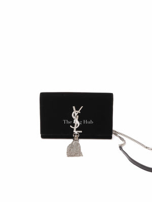 Saint Laurent Black Velvet Crystal-Embellished Toy Kate Tassel Clutch Bag