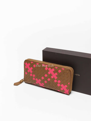 Bottega Veneta Brown/Pink Leather Intrecciato Long Wallet