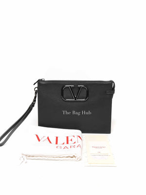 Valentino Black Leather Vlogo Signature Calfskin Pouch Bag