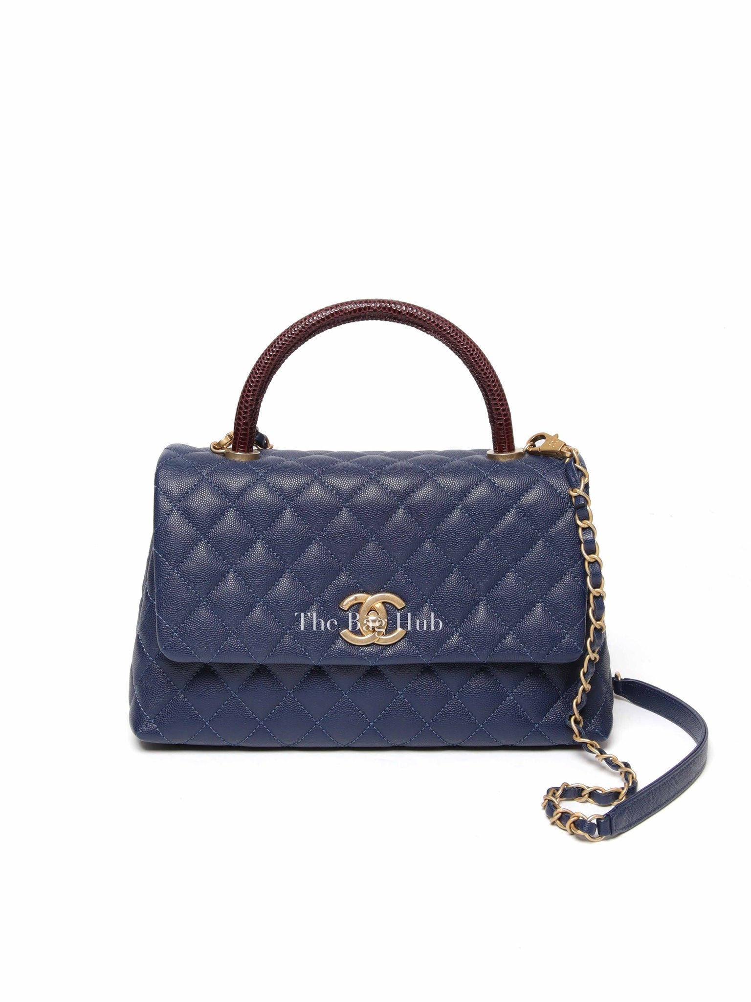 Chanel Navy Blue Caviar Leather CC Coco Handle Lizard Touch Small Bag