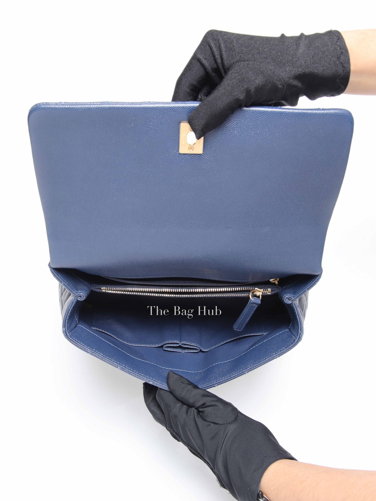 Chanel Navy Blue Caviar Leather CC Coco Handle Lizard Touch Small Bag