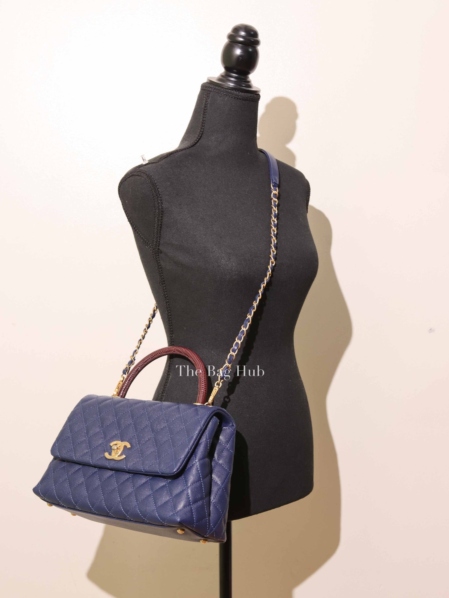 Chanel Navy Blue Caviar Leather CC Coco Handle Lizard Touch Small Bag