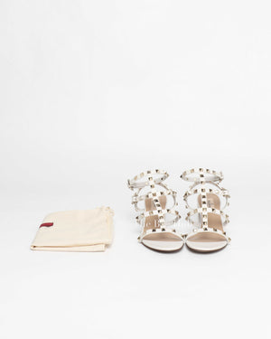 Valentino Garavani White Leather Rockstud Ankle Strap Block Heels Size 36.5