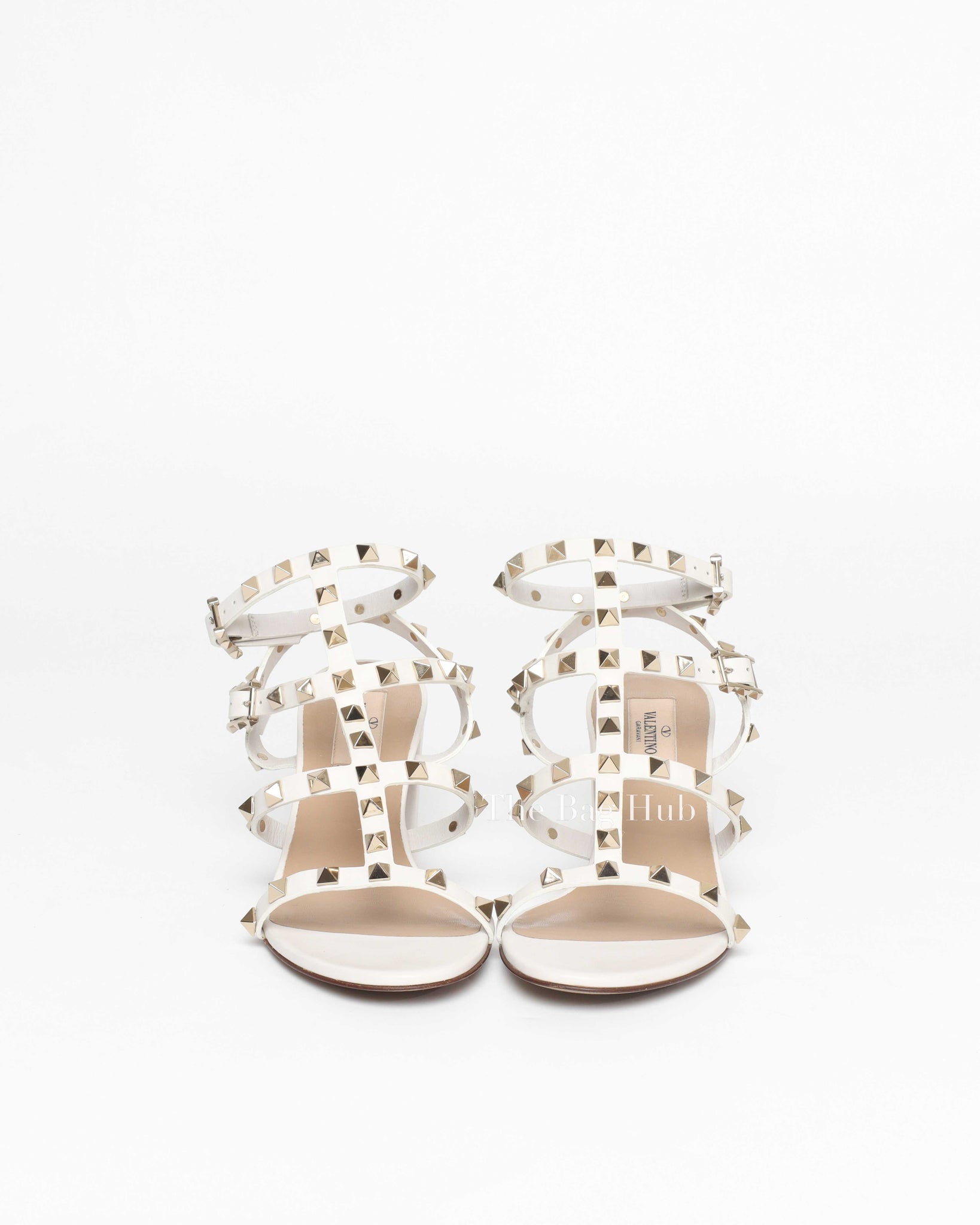 Valentino Garavani White Leather Rockstud Ankle Strap Block Heels Size 36.5
