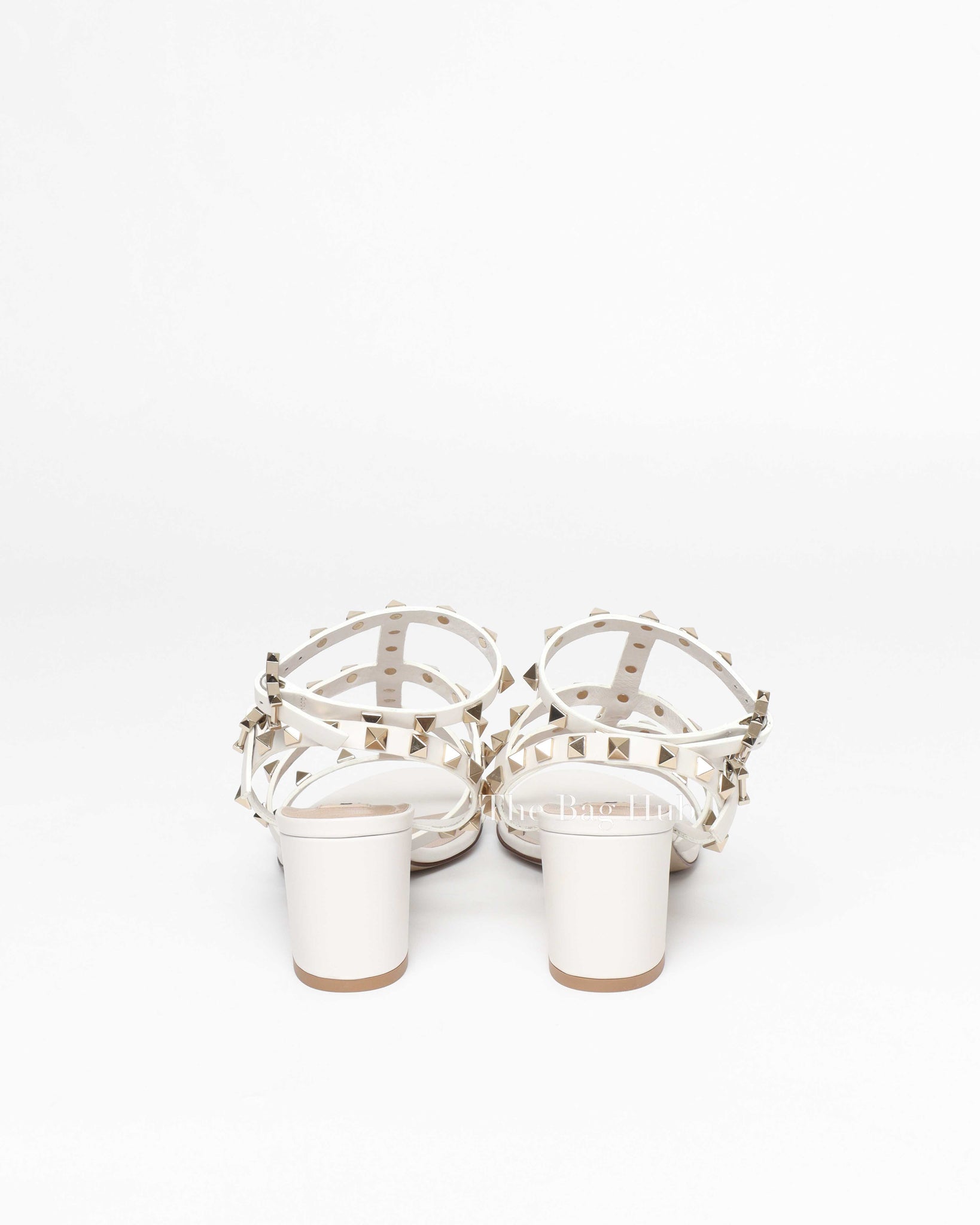 Valentino Garavani White Leather Rockstud Ankle Strap Block Heels Size 36.5
