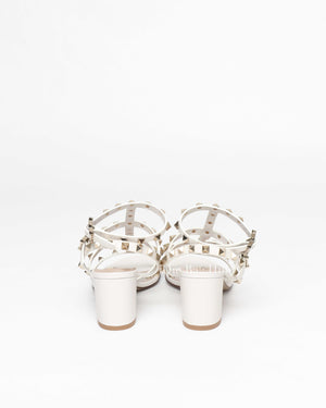 Valentino Garavani White Leather Rockstud Ankle Strap Block Heels Size 36.5