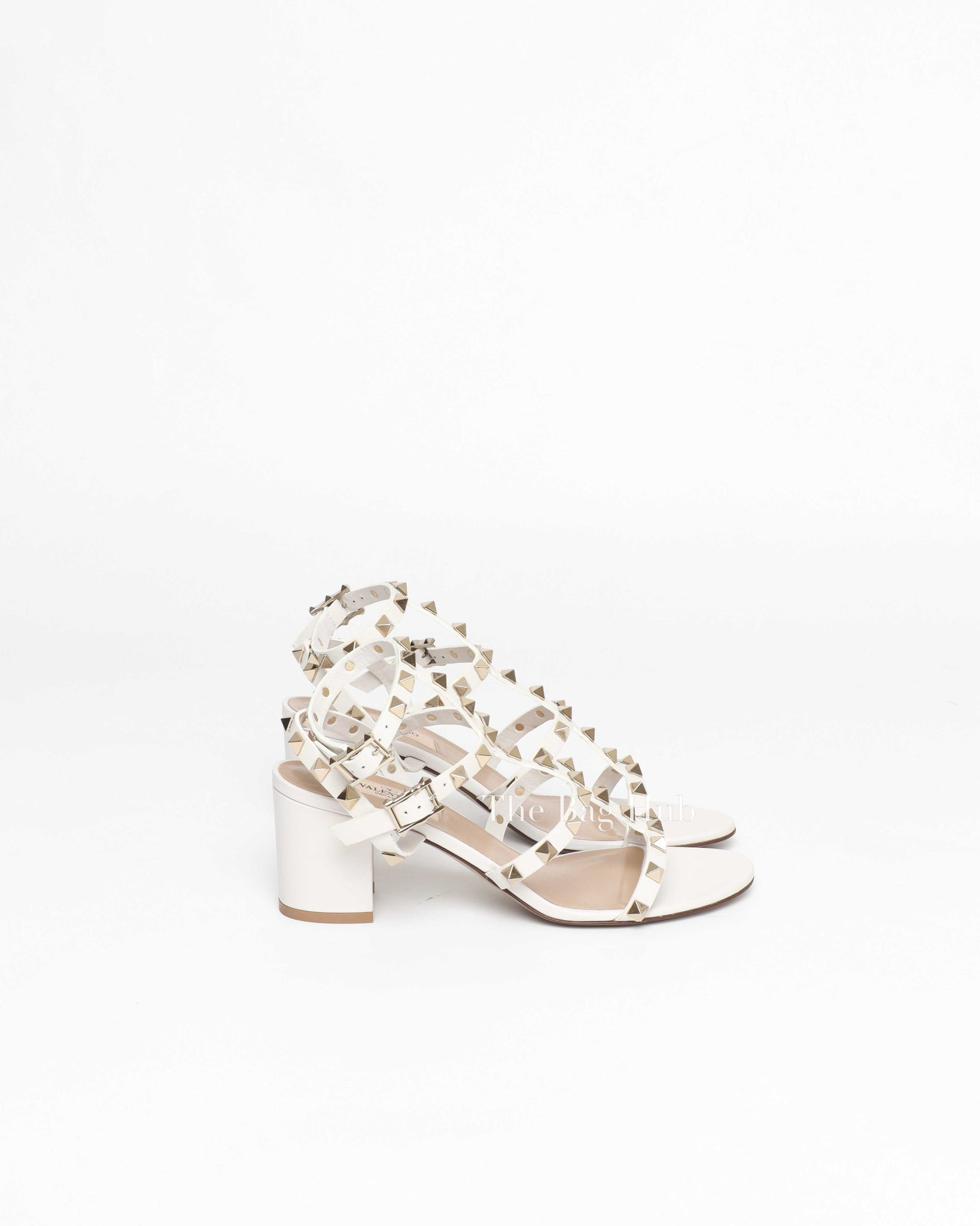 Valentino Garavani White Leather Rockstud Ankle Strap Block Heels Size 36.5