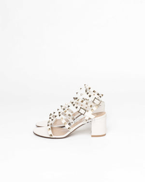 Valentino Garavani White Leather Rockstud Ankle Strap Block Heels Size 36.5