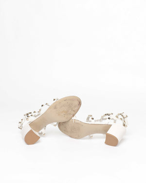 Valentino Garavani White Leather Rockstud Ankle Strap Block Heels Size 36.5