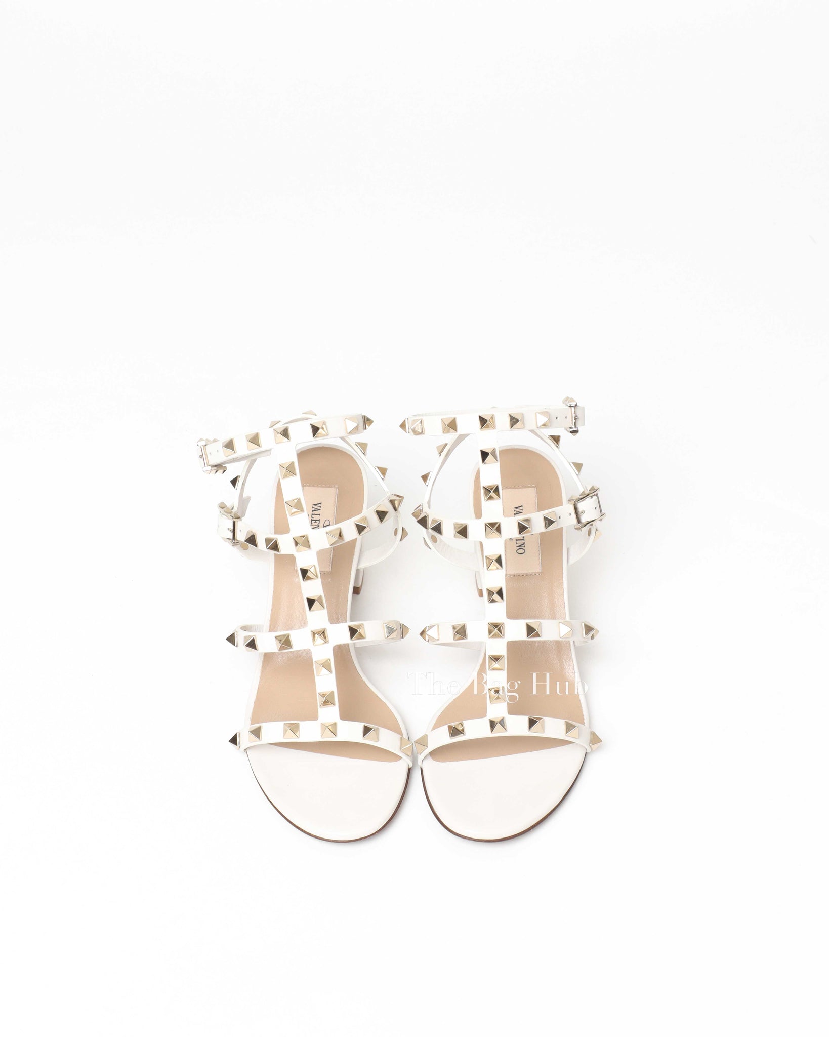 Valentino Garavani White Leather Rockstud Ankle Strap Block Heels Size 36.5