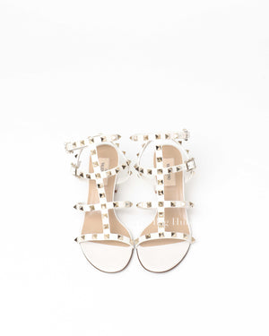 Valentino Garavani White Leather Rockstud Ankle Strap Block Heels Size 36.5
