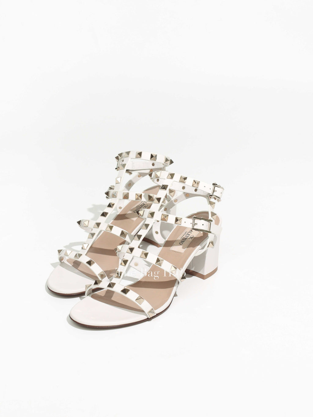 Valentino Garavani White Leather Rockstud Ankle Strap Block Heels Size 36.5