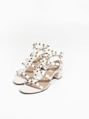 Valentino Garavani White Leather Rockstud Ankle Strap Block Heels Size 36.5