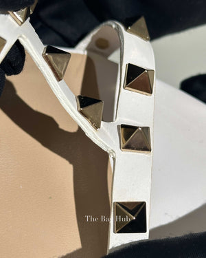 Valentino Garavani White Leather Rockstud Ankle Strap Block Heels Size 36.5