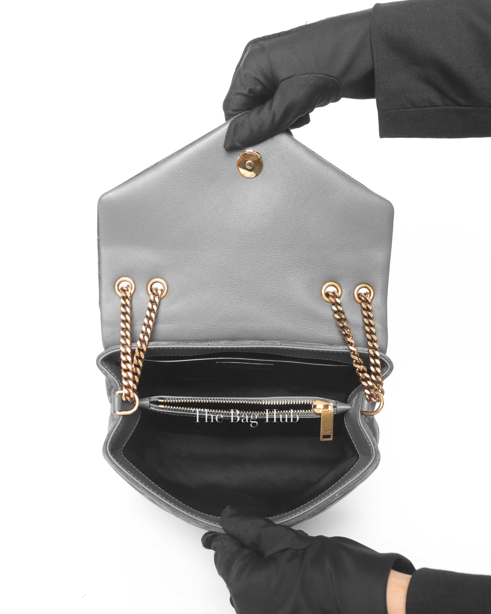 Saint Laurent Gray Suede/Leather Y Quilted Monogram Loulou Satchel Chain Small Bag