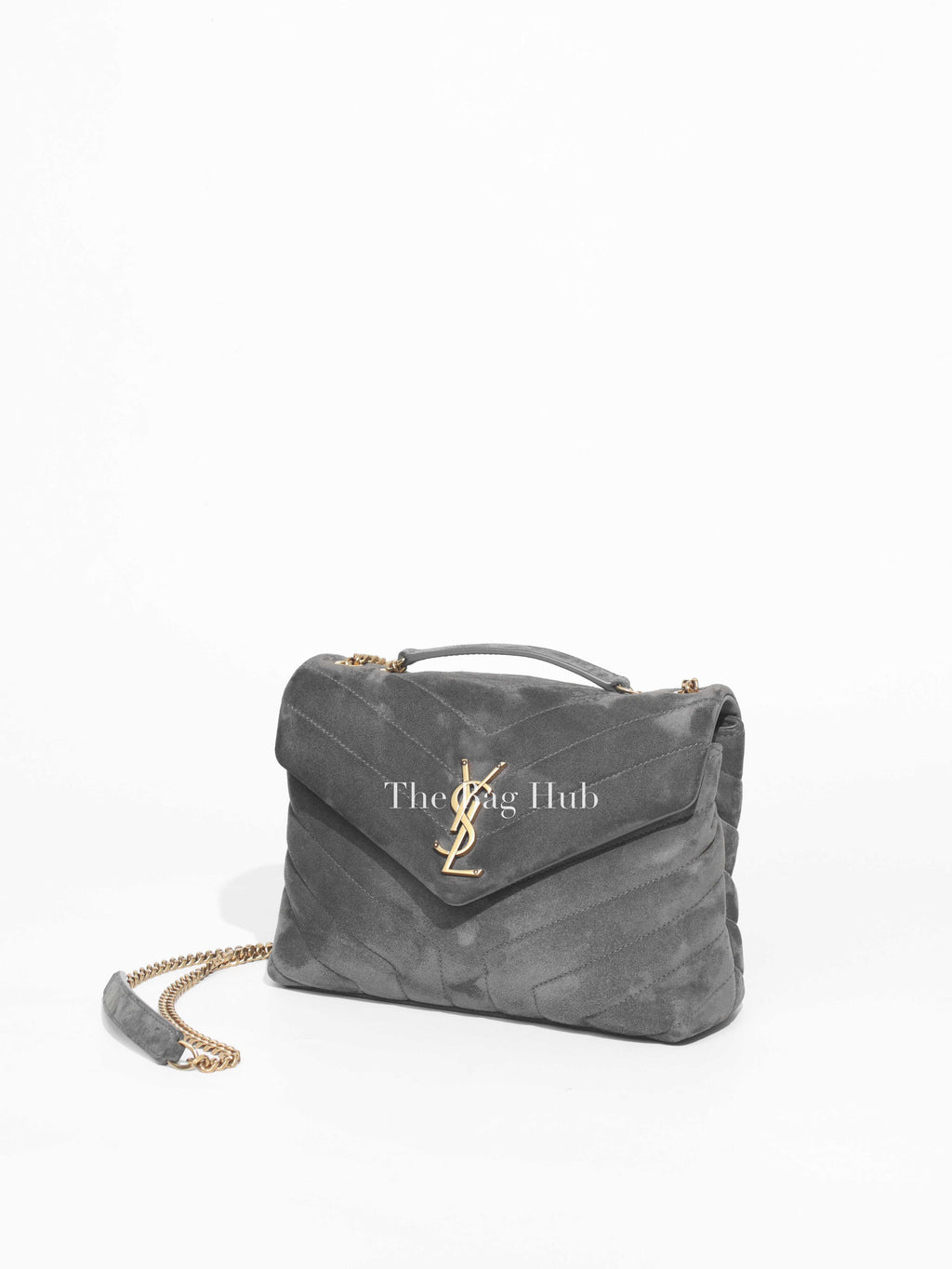Saint Laurent Gray Suede/Leather Y Quilted Monogram Loulou Satchel Chain Small Bag