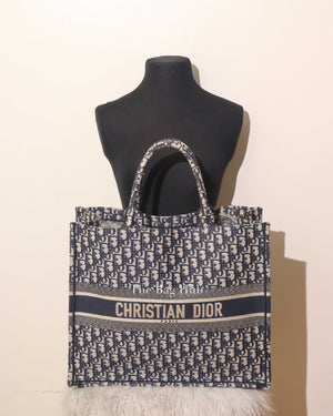 Christian Dior Ecru/Blue Oblique Embroidery Large Book Tote