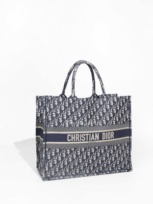 Christian Dior Ecru/Blue Oblique Embroidery Large Book Tote