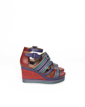 Hermes Multicolor Leather/Fabric Rome Wedge Espadrilles Size 38.5