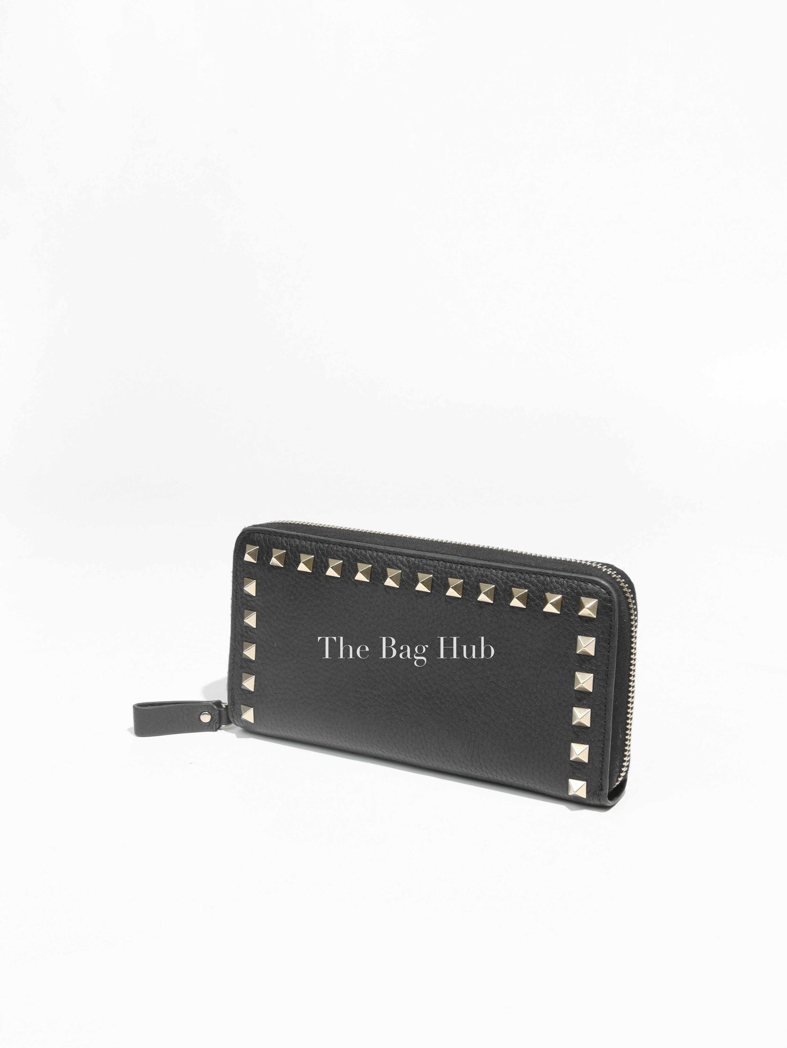 Valentino Garavani Black Leather Rockstud Continental Zip Around Long Wallet Designer Brand Authentic Valentino Garavani The Bag Hub