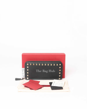 Valentino Garavani Black Leather Rockstud Continental Zip Around Long Wallet