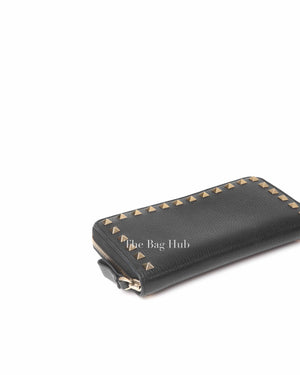 Valentino Garavani Black Leather Rockstud Continental Zip Around Long Wallet