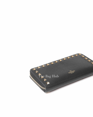 Valentino Garavani Black Leather Rockstud Continental Zip Around Long Wallet