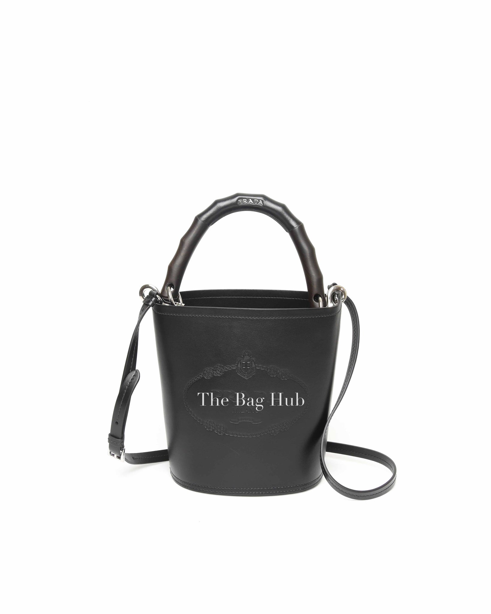 Prada Nero Leather with Metal and Wood Tambour Bucket Bag 1BE048