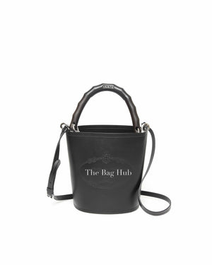 Prada Nero Leather with Metal and Wood Tambour Bucket Bag 1BE048