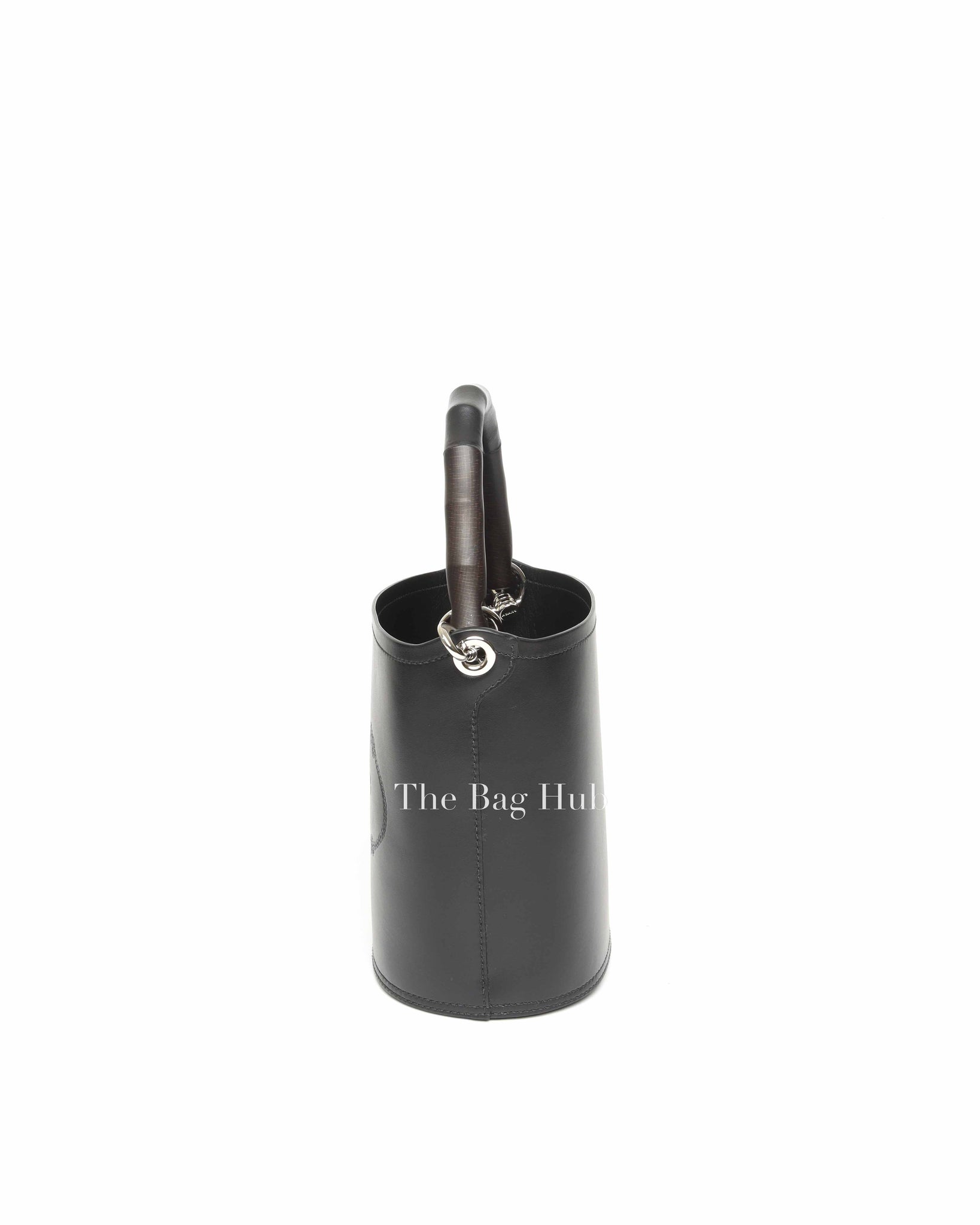 Prada Nero Leather with Metal and Wood Tambour Bucket Bag 1BE048