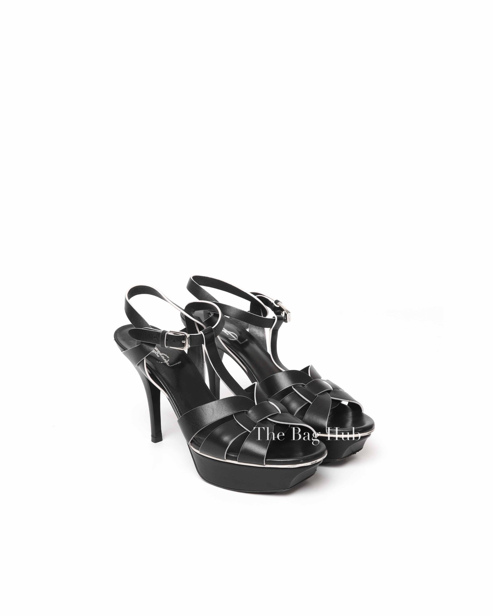 Saint Laurent Black Leather Tribute 105MM Platform Sandals Size 37