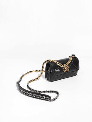 Chanel Black Shiny Lambskin Quilted C19 Clutch w/ Chain